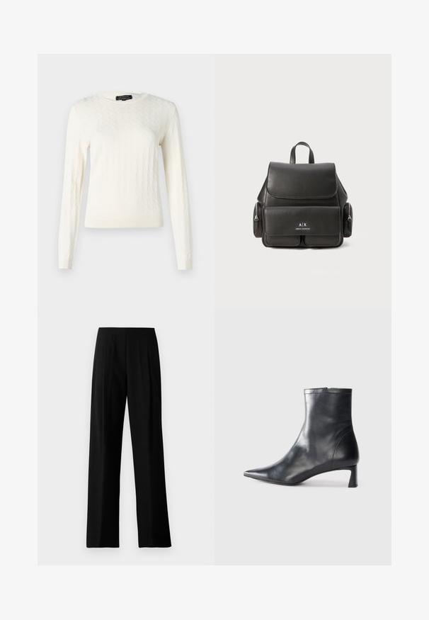 Kremna pletena jopica z diamantnim vzorcem, dolgimi rokavi in okroglim izrezom. Mehka tekstura z rebrastimi manžetami in robom.; Črne široke hlače iz gladkega materiala, ki imajo ploski pas in sprednje pregibe za elegantni videz. Brez vidne strojne opreme ali vzorcev.; Črne usnjene gležnjarje s šiljastim nosom in elegantnim dizajnom. Imajo nizko peto in zadrgo na zadnji strani. Gladka tekstura.; Črn usnjeni nahrbtnik z zapiranjem na pokrov, sprednjim žepom, bočnimi zadrgami in ročajem na vrhu. Ima logotip na sprednji strani.