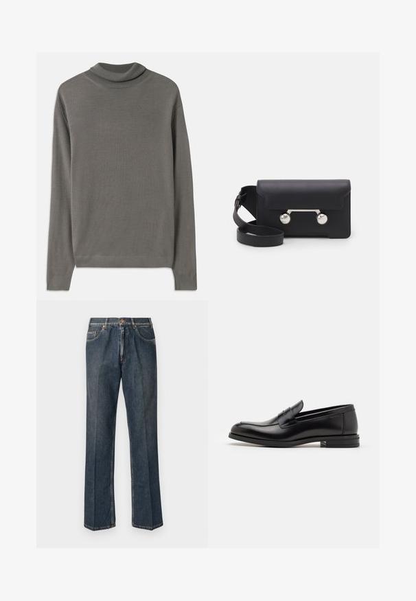 Gray turtleneck sweater made of soft, lightweight fabric. Features long sleeves and a ribbed neckline with a smooth texture throughout.; Dark blue straight-leg denim jeans with front button, zip fly, double front pockets, and visible vertical creases down the legs.; Black leather loafers with a smooth texture, rounded toe, and a decorative strap across the vamp. Low stacked heel, minimalist design.; Black leather crossbody bag with a flap closure, silver-tone hardware, and two round accents. Features a detachable strap. Smooth texture.