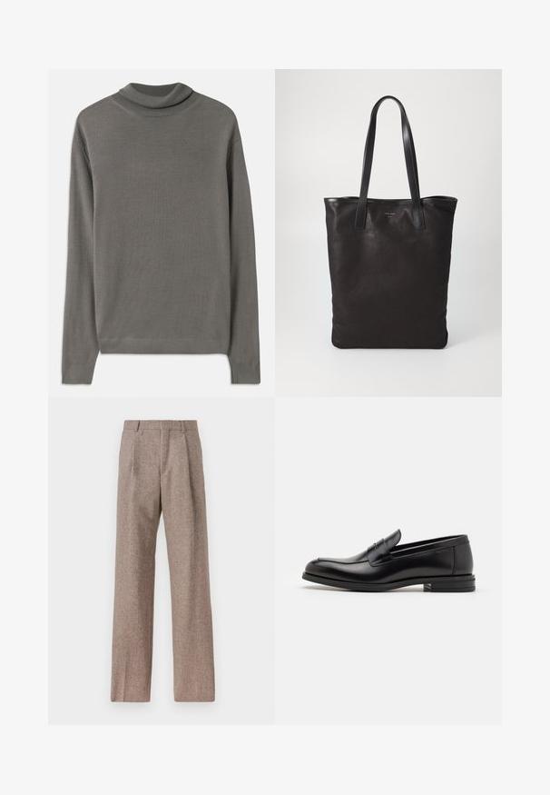 Harmaa poolopaita, joka on valmistettu pehmeästä ja kevyestä kankaasta. Siinä on pitkät hihat ja ribbaus kaula-aukossa, ja pinta on sileä koko matkalta.; Ruskejat, korkeavyötäröiset housut, jotka on valmistettu teksturoidusta kankaasta. Ominaisuuksina ovat leveät lahkeet ja kaksi etupuolelle ommeltua laskosta rakenteen tukemiseksi. Siisti viimeistely ilman näkyvää metalliosaa.; Mustat nahkakengät, joissa on sileä pinta, pyöreä kärki ja koristeellinen nauha jalkapöydän yli. Matala pinoitu koroke, minimalistinen muotoilu.; Mustat kangaskassit mustilla nahkahandleilla. Yksinkertainen muotoilu, tilava runko ja sileä pinta. Ei näkyviä logoja tai kuvioita.