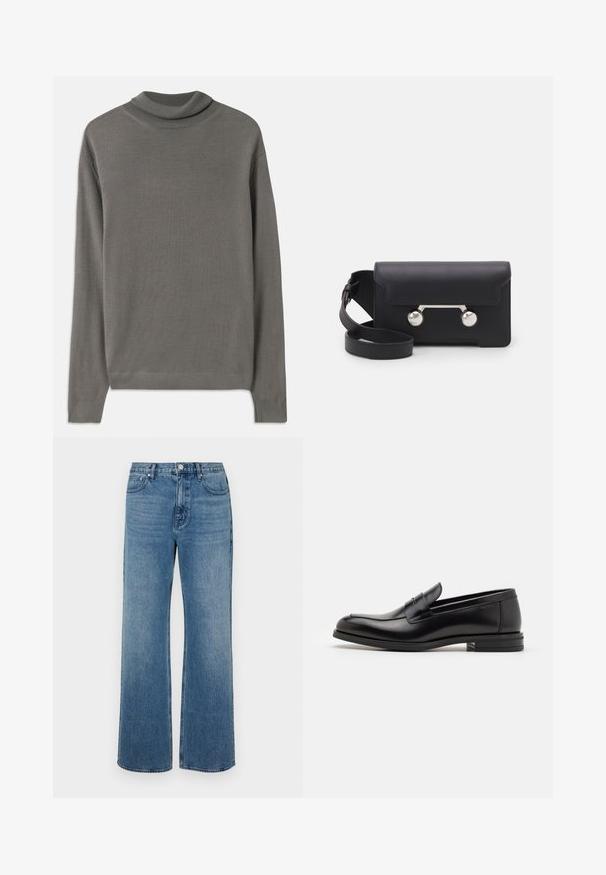 Grijze coltrui gemaakt van zachte, lichtgewicht stof. Heeft lange mouwen en een geribbelde halslijn met een gladde textuur.; Brede blauwe jeans van denim met een verouderde afwerking. Heeft vijf zakken, een sluiting met vooraan knoop en een rechte snit.; Zwarte leren instappers met een gladde textuur, ronde neus en een decoratieve band over de wreef. Lage, gestapelde hak en minimalistisch ontwerp.; Zwarte leren schoudertas met een klep, zilverkleurige hardware en twee ronde accenten. Voorzien van een afneembare schouderriem. Soepele textuur.