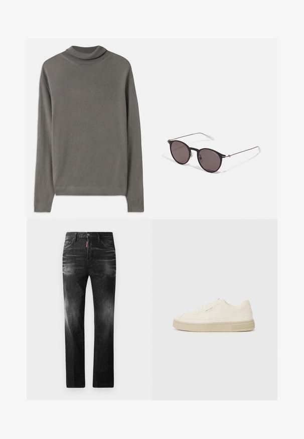Gray turtleneck sweater made of soft, lightweight fabric. Features long sleeves and a ribbed neckline with a smooth texture throughout.; Black denim jeans with a straight fit. Features faded areas, minor distressing, classic five-pocket design, and a button closure.; White canvas sneakers with a textured rubber sole, featuring a stitched toe cap and logo accent on the heel. Simple lace-up design.; Black round sunglasses with dark lenses and slim metal arms. Includes clear temple tips and silver accents at the hinge. Minimalist design.