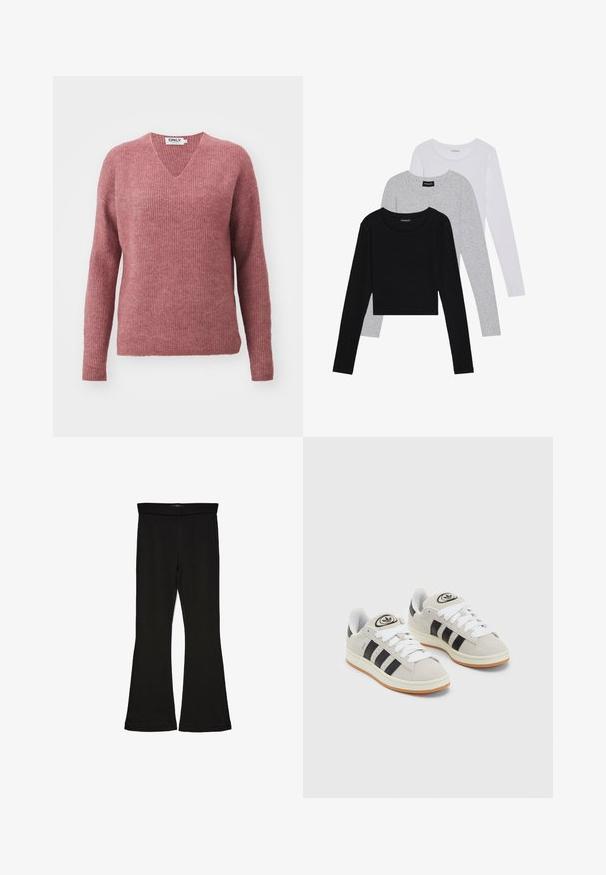 Sweter z dekoltem w kształcie litery V, z długim rękawem, wykonany z miękkiego, prążkowanego materiału. Kolor to przybrudzony róż, a krój jest luźny z opadającymi ramionami dla wygody.; Trzy bluzki z długim rękawem ułożone jedna na drugiej: czarna, szara i biała. Każda z okrągłym dekoltem i skróconym fasonem, wykonana z gładkiego, lekkiego materiału.; Czarne legginsy w stylu dzwonów wykonane z elastycznej tkaniny. Posiadają szeroki pas i gładką teksturę, z dopasowanym krojem, który rozszerza się ku dołowi.; Szare zamszowe trampki z białymi sznurówkami, czarnymi paskami i białą gumową podeszwą. Posiadają okrągłe logo na języku oraz gumową podeszwę.