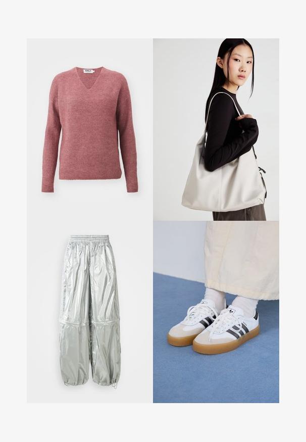 Pulover z V-izrezom in dolgimi rokavi, izdelan iz mehke rebraste pletenine. Barva je prašnato rožnata, z udobnim sproščenim krojem in spuštenimi rameni.; Svetlo sive lahke cargo hlače z sijočo teksturo, elastičnim pasom, nabranimi manšetami in dvema velikima sprednjima žepoma.; Bele tene škornje s črnimi črtami in bež usnjenimi detajli. Imajo teksturirano gumijasto podplat in ravne bele vezalke, nosijo se z svetlimi nogavicami.; Bežna torbica iz mehkega materiala, z ohlapno zasnovo, šivi in dvema naramnicama. Primerna za vsakodnevno uporabo.