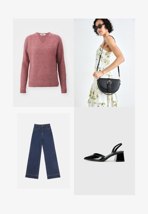 V-Ausschnitt, langärmliger Pullover aus einem weichen, gerippten Strick. Die Farbe ist staubiges Rosa mit einem lockeren Schnitt und überschnittenen Schultern für zusätzlichen Komfort.; Weite Jeans in dunkelblauem Denim. Verfügt über fünf Taschen, Gürtelschlaufen und einen rohen Saum am unteren Ende mit sichtbaren Nahtdetails.; Schwarze Lackleder-Slingback-High Heels mit spitzem Schuh und einem geometrischen Blockabsatz. Verfügt über ein schlankes, minimalistisches Design und eine glatte Textur.; Schwarze Lederhandtasche mit geschwungener Form, abnehmbarem Tragegurt und goldenen Beschlägen. Die Tasche verfügt über einen Deckel mit einer Schnallen-Details.