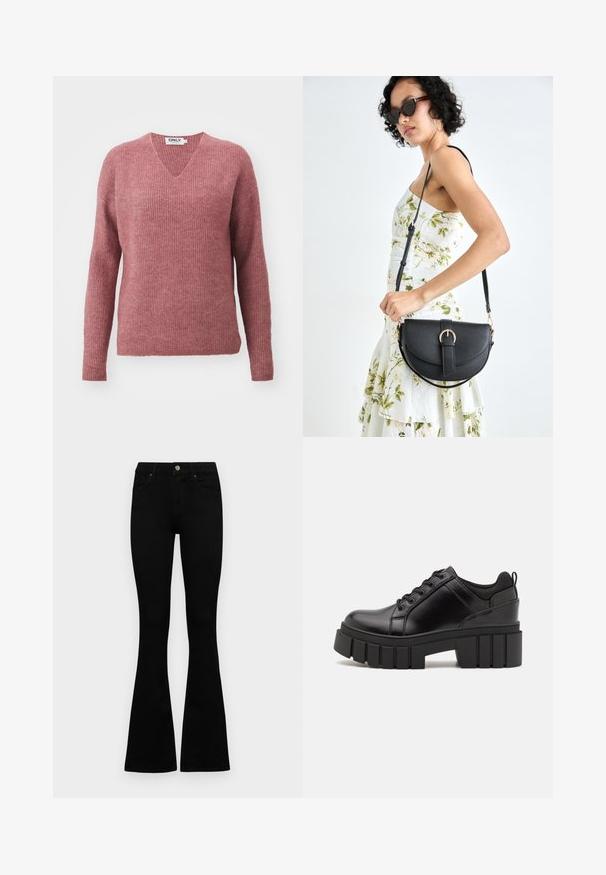 V-neck, long-sleeve sweater in a soft, ribbed knit. Color is dusty rose with a relaxed fit and drop shoulders for comfort.; Black high-waist jeans with a button and zip closure, front pockets, and flared legs laid flat on a white background.; Black leather platform shoes with a chunky block heel, round toe, and traditional lace-up design. Features smooth texture and minimal detailing.; Black leather handbag with a curved shape, detachable strap, and gold hardware. The bag features a flap with a buckle detail.