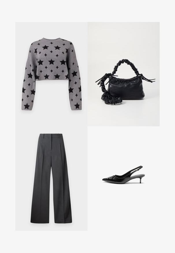 Szürke, rövid fazonú pulóver fekete csillagmintával, hosszú ujjaival és kerek nyakkivágásával, puha kötött anyagból készült.; Széles szárú nadrág sötétszürke anyagból, magas derekú, egyes redőkkel, sima textúrával és tiszta befejezéssel a szegélyeken.; Fekete bőrből készült slingback magassarkú cipők hegyes orral, kis francia sarokkal és díszes csomóval az elején. Az egész felületen sima textúra.; Fekete műbőr kézi táska krokodil bőr textúrával, összehúzható tetejű és gyűrt pánttal. Lágy és kompakt dizájnúnak tűnik.