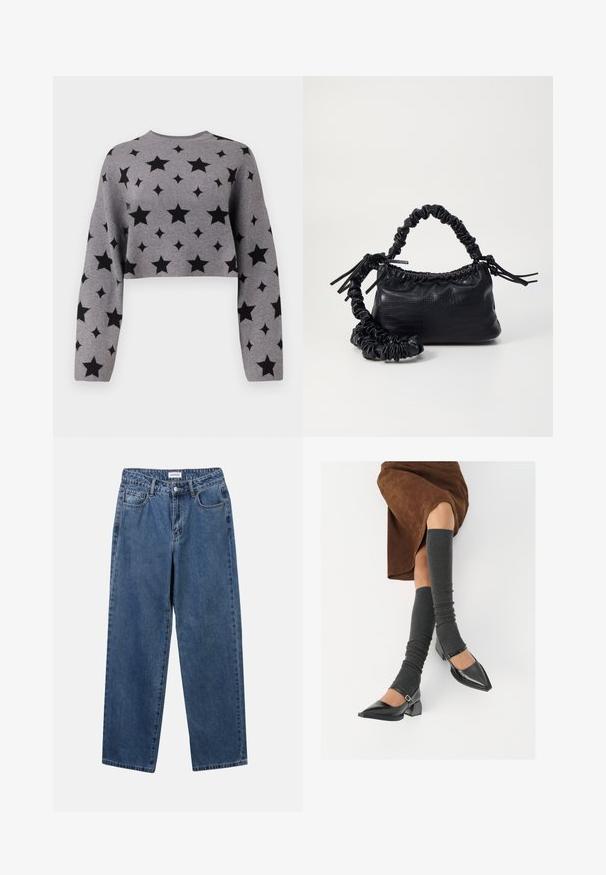 Grau geschnittenen Pullover mit einem Muster aus schwarzen Sternen, langen Ärmeln und einem runden Ausschnitt, aus einem weichen Strickmaterial gefertigt.; Klassische blaue Denim-Jeans mit geradem Bein, fünf Taschen und Knopfverschluss. Sie verfügen über eine mittelblau gewaschene Optik und sind aus robuster Textur.; Schwarze lacklederne spitze Schuhe mit Blockabsatz und Knöchelriemen, kombiniert mit grauen gerippten Beinstulpen und einem braunen Wildlederrock.; Schwarze Handtasche aus Kunstleder mit Krokodilstruktur, gerafftem oberen Teil und einem geschoppten Tragegurt. Sie wirkt weich und kompakt im Design.