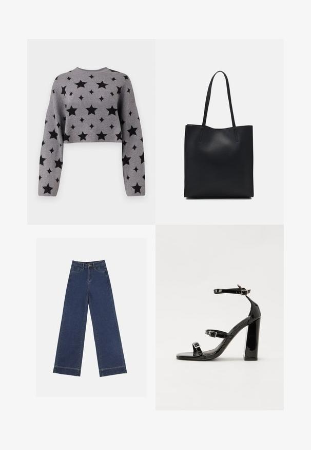 Grau geschnittenen Pullover mit einem Muster aus schwarzen Sternen, langen Ärmeln und einem runden Ausschnitt, aus einem weichen Strickmaterial gefertigt.; Weite Jeans in dunkelblauem Denim. Verfügt über fünf Taschen, Gürtelschlaufen und einen rohen Saum am unteren Ende mit sichtbaren Nahtdetails.; Schwarze Lackleder-Sandalen mit hohen Absätzen, zwei Riemen mit Schnallen, quadratischer Zehenpartie und klobigem Blockabsatz, mit einer glatten, glänzenden Textur.; Schwarze Laptoptasche aus Leder mit glatter Textur, rechteckiger Form und zwei langen Griffen. Keine sichtbaren Beschläge oder Verzierungen.