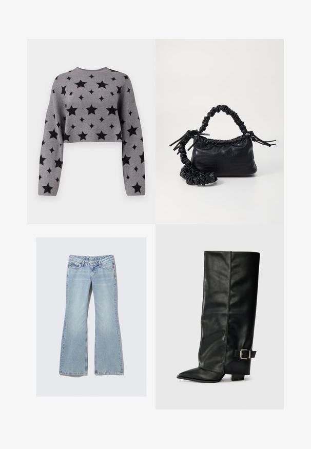 Grijze cropped trui met een patroon van zwarte sterren, lange mouwen en een ronde halslijn, gemaakt van een zachte gebreide stof.; Weekday NOVA - Slim fit jeans - lip blue; Zwarte leren enkellange laarzen met een spitse neus, een gladde textuur en een zilveren gesps Accent aan de zijkant. Stevige vierkante hak.; Zwarte nepleer handtas met een krokodillenstructuur, opgedroogde bovenkant en een gekreukte hengsel. Het lijkt zacht en compact van ontwerp.