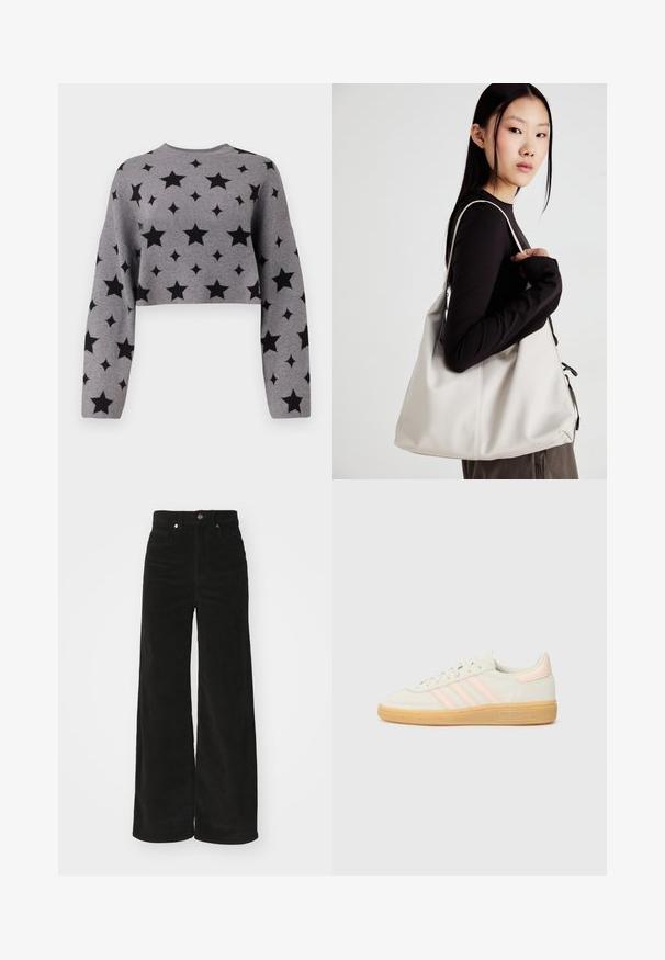 Grau geschnittenen Pullover mit einem Muster aus schwarzen Sternen, langen Ärmeln und einem runden Ausschnitt, aus einem weichen Strickmaterial gefertigt.; Schwarze Cordweitenhose mit hohem Bund, ausgestattet mit zwei vorderen Taschen und einem Metallknopfverschluss. Strukturierter Stoff mit vertikalen Rippungen.; Wildledersneaker mit einer cremefarbenen Oberseite, hellrosa drei Streifen und einer Gummisohle. Schnürdesign mit gestickten Akzenten und Branding.; Beige Handtasche aus weichem Material, mit einem lässigen Design, gesteppten Details und zwei Schulterriemen. Geeignet für den täglichen Gebrauch.