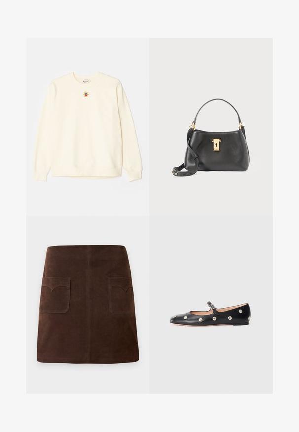 Cream-colored sweatshirt with round neckline, long sleeves, and ribbed cuffs. Features a small embroidered logo on the chest. Soft texture.; Brown suede skirt featuring a classic A-line shape, two front pockets with rounded flaps, and subtle stitching details.; Black leather Mary Jane flat shoe with a rounded toe, featuring silver circular studs and an adjustable strap with a buckle.; Black leather handbag with a textured finish, featuring a gold lock closure, short handle, and a detachable shoulder strap.