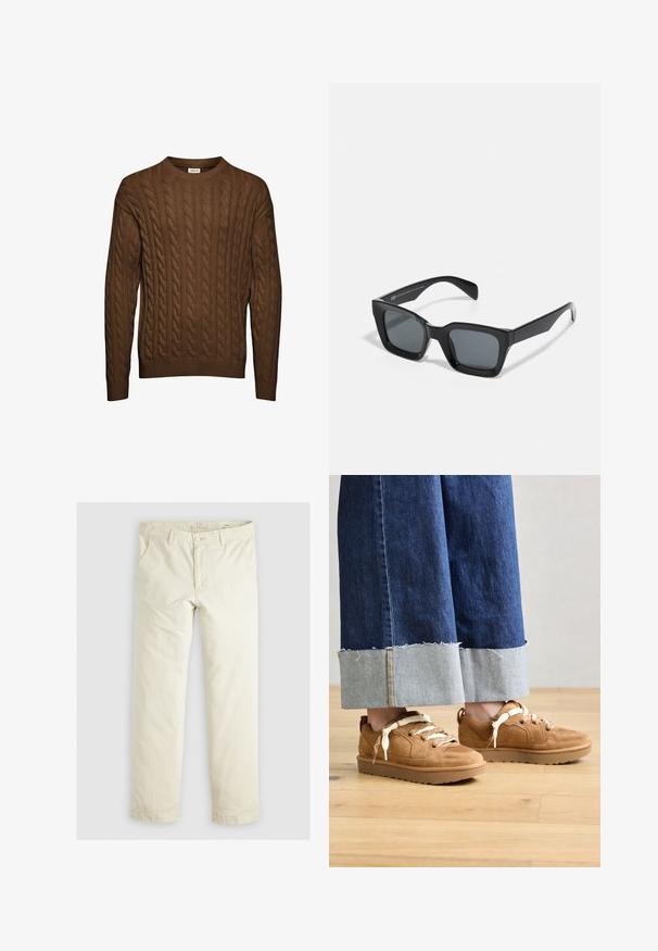 Brun kabelstickad tröja med rund halsringning, ribbstickade muddars och nederkant. Har vertikala texturerade mönster över hela. Tillverkad av mjukt material.; Ljust beige löst sittande byxor med tre fickor, bältesöglor och raka ben. Tillverkade av en mjuk bomullsmix.; Bruna mocka sneakers med texturerade paneler och ljusa snörningar. I kombination med vida blå denimbyxor med fransiga fållar.; Svarta rektangulära solglasögon med mörka linser. Plastikkarm med högblank yta, med bred näsbrygga och något avsmalnande acetate.