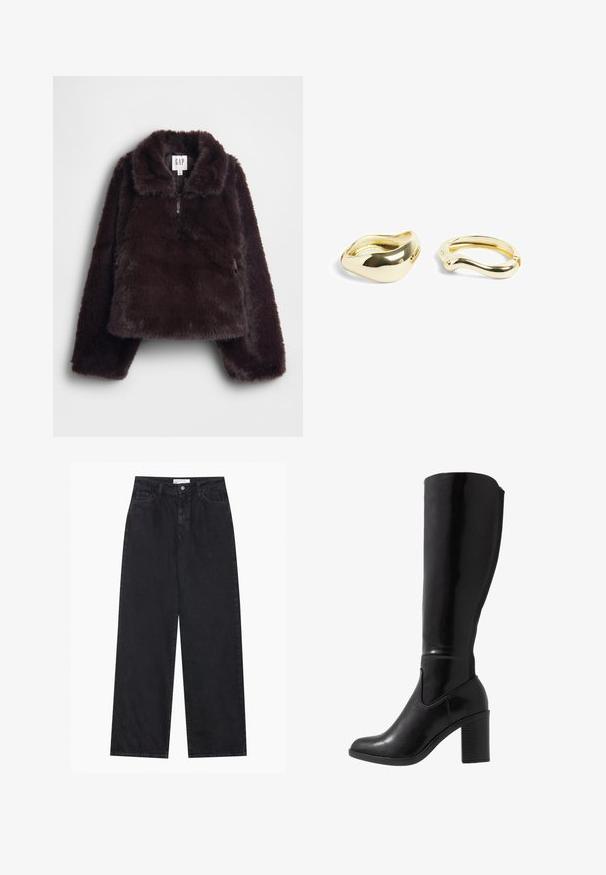 Brauner Pullover aus Kunstpelz mit hohem Kragen, Reißverschluss und Seitentaschen. Weiche Textur und weite Ärmel für erhöhten Komfort.; Schwarze hoch geschnittene, weit geschnittene Jeans aus Denim mit Vorderknopf- und Reißverschluss, Gürtelschlaufen und fünf Taschen.; Knöchelhöhe schwarze, glänzende Stiefel mit hohen Absätzen, runder Zehenform, glatter Textur, seitlichen Aussparungen und einem kräftigen Blockabsatz.; NA-KD 2-PACK - Armband - gold-coloured