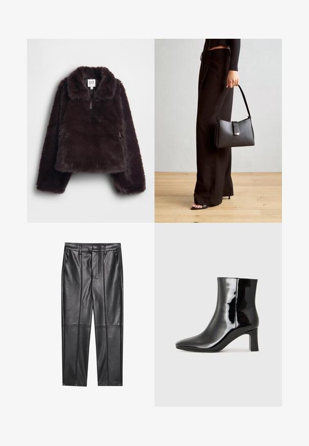 Brown faux fur pullover with a high collar, zip closure, and side pockets. Soft texture and wide sleeves for enhanced comfort.; Black leather trousers with a smooth texture, featuring a straight fit, two front pockets, and visible seam detailing.; Black patent leather ankle boot with a pointed toe and a mid-height block heel. Smooth texture and minimalist design.; Black handbag with structured shape, smooth texture, and a metallic clasp. Paired with wide black pants and open-toe sandals on wooden floor.