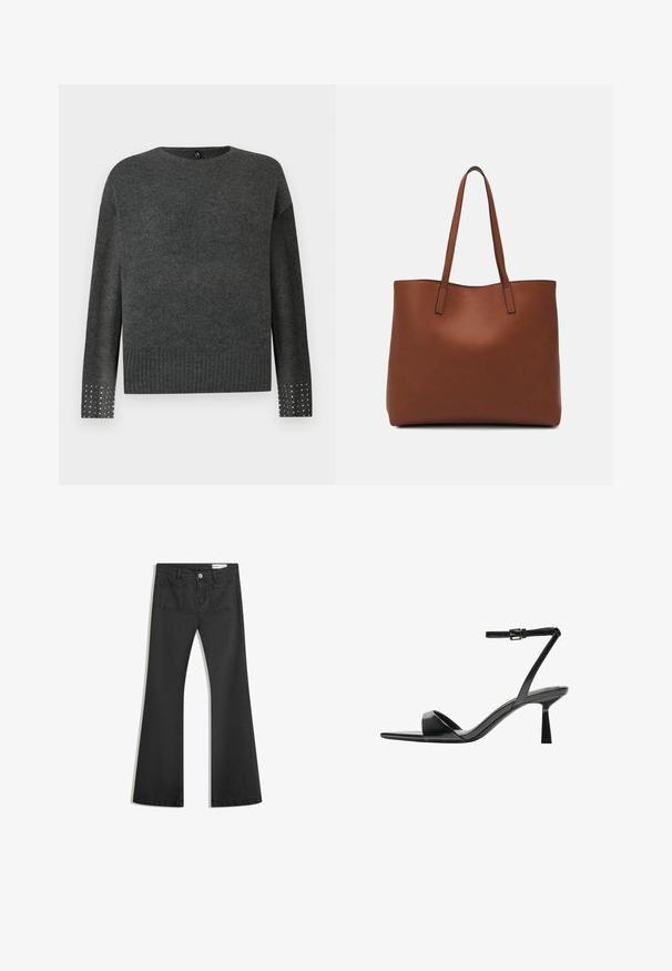 Harmaa neulepusero, jossa on pyöreä kaula-aukko, pitkät hihat, ribbireunus ja koristellut hihansuut, joissa on hopeisia niittejä lisäyksinä.; Mustat leveälahkeiset farkut, jotka on valmistettu sileästä denimmateriaalista. Farkuissa on kaksi takataskua ja nappikiinnitys vyötäröllä.; Bershka Korolliset sandaalit - black; Ruskea nahkainen olkalaukku, jossa on sileä pinta, avoin yläosa ja kaksi olkahihnaa. Omaavat vain minimaalisen ompelun eikä näkyvää metalliosaa.
