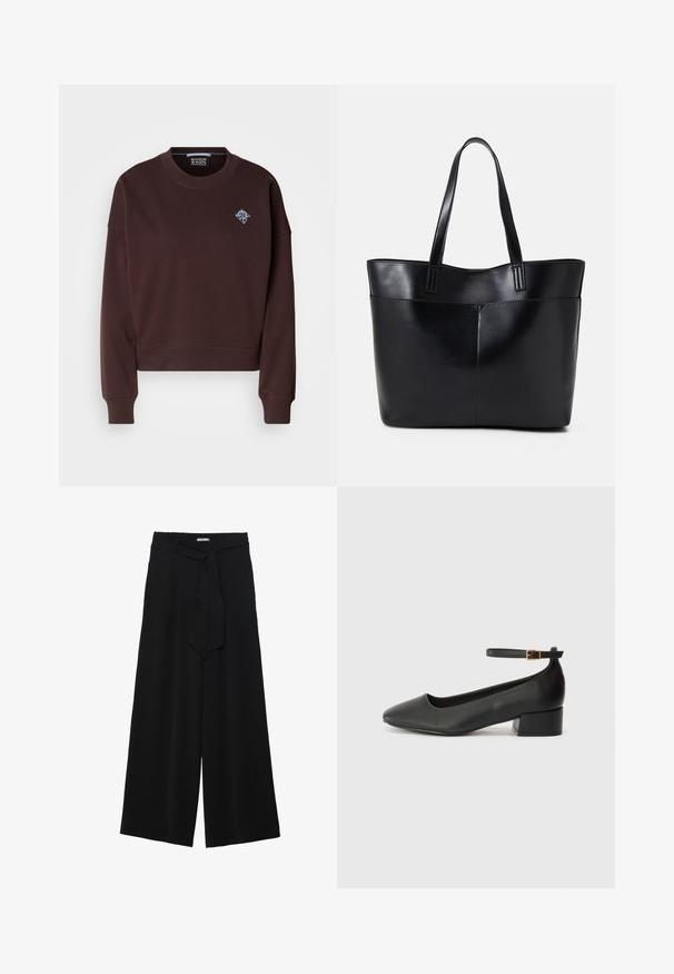 Brązowy, krótki sweter z miękkiego materiału, z okrągłym dekoltem, ściągaczami przy mankietach oraz małym niebieskim haftowanym logo na klatce piersiowej.; Czarne spodnie szerokie z teksturowanej tkaniny, z elastycznym paskiem w talii i odpinanym paskiem w talii dla regulowanego dopasowania.; Czarne skórzane szpilki z ostrym noskiem i niskim słupkowym obcasem. Wyposażone w pasek na kostkę z złotym zapięciem. Gładka tekstura.; Czarna skórzana torba na ramię z dwoma długimi uchwytami, gładką teksturą i sztywną formą. Posiada przednią kieszeń dla dodatkowego przechowywania.