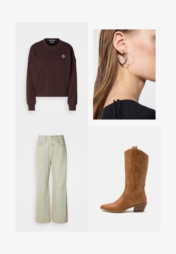 Barna, rövid fazonú pulóver, puha anyagból készült, környakú, bordás mandzsettákkal, és egy kis kék hímzett logóval a mellkason.; Világoskék, bővített szárú farmernadrág, magas derékkal, öt zsebbel, finom fakulással és kontrasztos varrásokkal.; Barna bőr cowboy csizma hegyes orral, hímzett örvény mintákkal a szárán, és stílusos, réteges blokk sarokkal. Kihúzó füle segíti a könnyű felhúzást.; Ez egy ezüst fülbevaló, sima felülettel, amelyen apró arany díszítőelemek találhatók. Kerek formájú és a fülcimpán viselik.