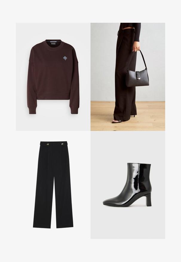 Sudadera corta marrón hecha de una tela suave, con un cuello redondo, puños acanalados y un pequeño logo azul bordado en el pecho.; Pantalones de pierna ancha negros con cintura alta, detalles de botones en la cinturilla y pliegues en la parte delantera.; Botín de charol negro con punta afilada y un tacón de bloque de altura media. Textura suave y diseño minimalista.; Bolso negro con forma estructurada, textura suave y un cierre metálico. Combinado con pantalones anchos negros y sandalias de dedo en un suelo de madera.