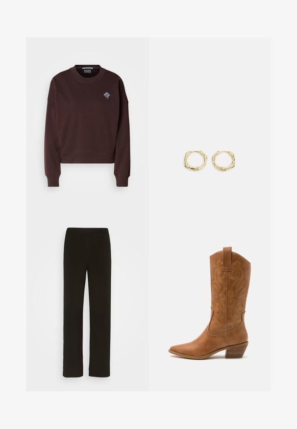 Bruine cropped sweatshirt van zacht materiaal, met een ronde hals, geribbelde manchetten en een klein blauw geborduurd logo op de borst.; Zwarte, rechte broek van geweven stof, met een platte voorkant, twee zijzakken en een gladde textuur. Geen zichtbare patronen of accenten.; Tan leren cowboylaars met puntige neus, geborduurde spiraalpatronen op de schacht en een gestapelde blokhak. Voorzien van een trekband voor gemakkelijke aan- en uittrekken.; Gouden creolen met een textuur en onregelmatige vorm. Voorzien van een naadloze sluiting en een gepolijste afwerking, wat het moderne ontwerp benadrukt.