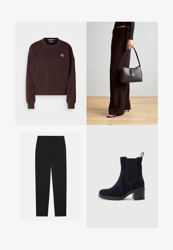 Hnedý skrátený svetr vyrobený z jemnej tkaniny, má okrúhly výstrih, rebrované manžety a malú modrú vyšitú značku na hrudi.; Čierne nohavice s prispôsobeným dizajnom, so bočnými vreckami a rovnou nohavicou. Vyrobené z hladkej, ľahkej tkaniny s elegantným vzhľadom.; Námornícky modré zamatové členkové botas s elastickým bočným panelom, okrúhlou špičkou a blokovým opätkom. Textúrovaná látka a hladká podrážka vytvárajú kontrast.; Čierna kabelka so štruktúrovaným tvarom, hladkou textúrou a kovovou sponou. V kombinácii so širokými čiernymi nohavicami a sandálmi s otvorenou špičkou na drevenej podlahe.