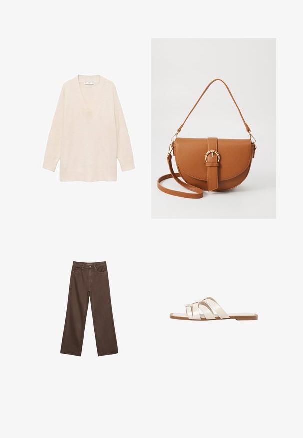 Kremasti pulover s V-izrezom, dolgimi rokavi, rebrastimi manžetami in robom. Mehka tekstura, ohlapen kroj in preprost dizajn brez vzorcev ali dodatkov.; Široke rjave kavbojke iz denima, ki imajo visok pas, sprednje žepe in klasično zapiranje na gumb. Gladka tekstura s subtilnim šivom.; Ravne sandale s svetlo rjavim gumijastim podplatom, zasnovane s tremi prekrivajočimi se belimi usnjenimi trakovi in majhnim lokom na sredini.; Rjava usnjena torbica prek telesa s ukrivljeno obliko, zlate opreme in sponko. Ima odstranljiv naramni trak.