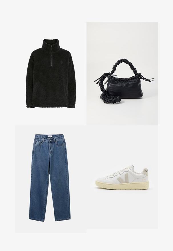 Juodas vilnonis džemperis su užtrauktuku ant golfo, minkšta, tekstūruota paviršių ir laisvas kirpimas. Siuvinėjimas aplink hemą ir rankoves.; Klasikiniai mėlynos džinsinio audinio džinsai su tiesiomis kojomis, penkiomis kišenėmis ir mygtukų uždarymu. Pasižymi vidutiniu skalbimu ir tvirtu audiniu.; Balti odiniai sportbačiai su kreminiais zomšos akcentais, perforuota pirštų dalimi, plokščiomis raišteliais ir struktūruota kreminėmis padomis. Ant kulno yra subtilus ženklinimas.; Juodas dirbtinės odos rankinė su krokodilo tekstūra, sušnibždinta viršuje ir susikraipytu dirželiu. Atrodo minkšta ir kompaktiška.