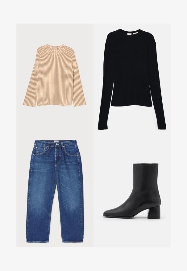 ASPESI Striktrøje - cammello/camel; Sort langærmet bluse lavet af blødt stof, med rund halsudskæring og en afslappet pasform med sideslids i kanten for nem bevægelse.; Citizens of Humanity DAHLIA IN CLAREMONT - Jeans Relaxed Fit - dark-blue denim; Sorte læder ankelstøvler med spids tå og en kraftig firkantet hæl. Glat overflade med et sømløst design og minimalistisk syning.