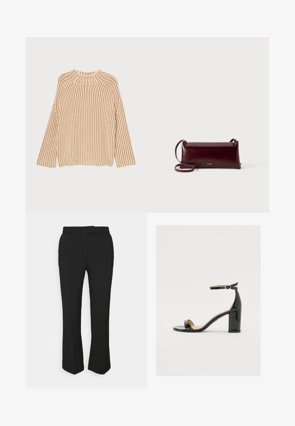 ASPESI Maglione - cammello/camel; Pantaloni neri su misura con design a gamba dritta, dotati di passanti per cintura e tasche laterali. Realizzati in tessuto liscio con una finitura pulita.; Sandalo in vernice nera con tacco largo, punta aperta e cinturino alla caviglia con fibbia dorata. Texture liscia e design elegante.; Borsa a tracolla in pelle bordeaux con una texture liscia, forma rettangolare, chiusura a pressione e una sottile tracolla regolabile. Dettaglio del logo dorato visibile.