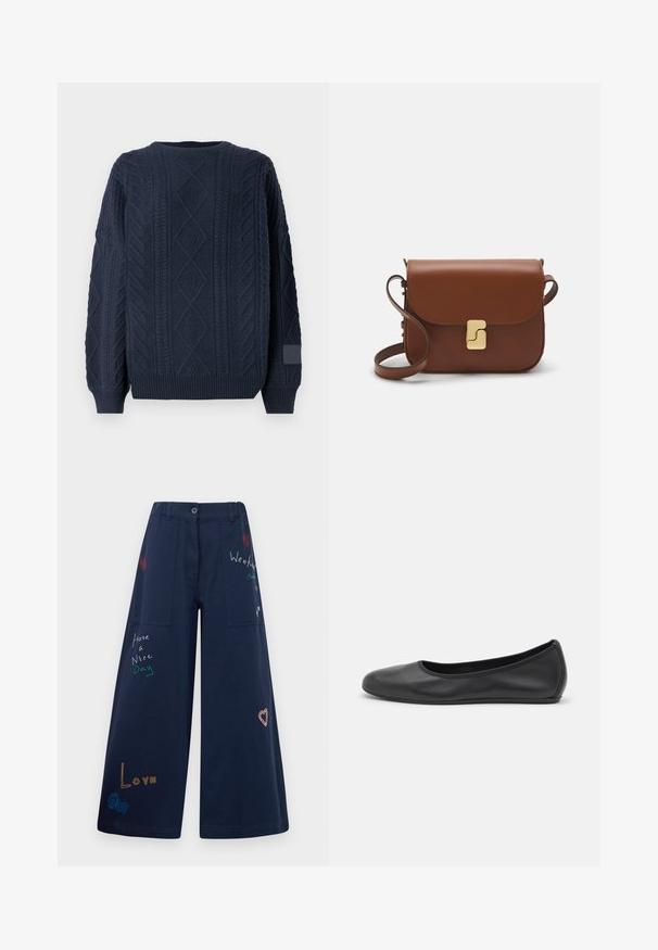 Navy blue knitted sweater with a textured cable pattern and crew neckline. Ribbed cuffs and hem, featuring a soft, thick material.; Navy blue wide-leg pants in cotton with multiple pockets. Features colorful embroidered text and graphics including hearts and playful phrases.; Black leather ballet flat with a rounded toe, smooth texture, minimal stitching detail, and a flexible sole design.; Brown leather handbag with a flap closure, gold-tone hardware, a shoulder strap, and a smooth texture. Compact rectangular shape.