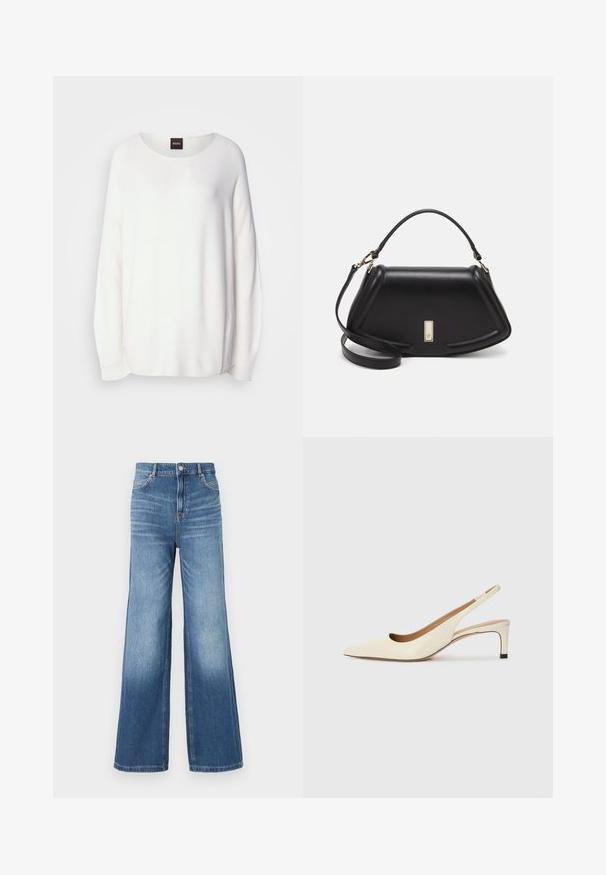 White sweater with a round neckline, long sleeves, and a relaxed fit. Ribbed texture, subtle sheen, and BOSS label at the back.; Light blue denim wide-leg jeans with a high waistband, featuring five pockets, belt loops, and a subtle fade effect towards the hem.; Pointed-toe slingback shoe in off-white leather, featuring a low heel and cut-out design with a smooth texture and minimal accents.; Black leather handbag with a structured design, featuring a cropped shape, top handle, and gold hardware accent. Adjustable shoulder strap included.