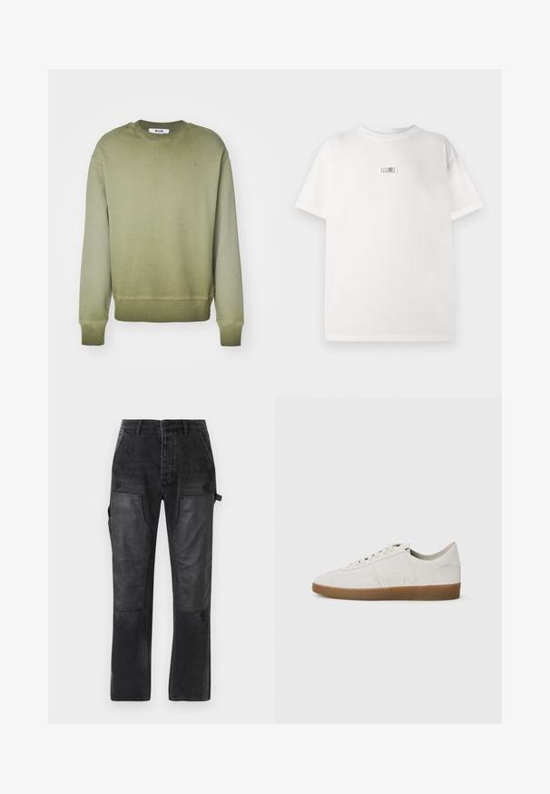 Felpa verde oliva realizzata in morbido cotone, con collo rotondo, polsini a coste e un ricamo delicato del logo sul petto.; T-shirt bianco in cotone con un piccolo tag stampato al centro. Maniche corte e vestibilità comoda con una texture liscia.; Pantaloni in denim nero con accenti in pannelli di pelle nera a contrasto, design a gamba dritta e dettagli in leggero effetto usurato sulla stoffa.; Sneaker in pelle bianca con una finitura texturizzata, suola in gomma, punta arrotondata e design minimalista. Presenta un logo sottile sul lato.