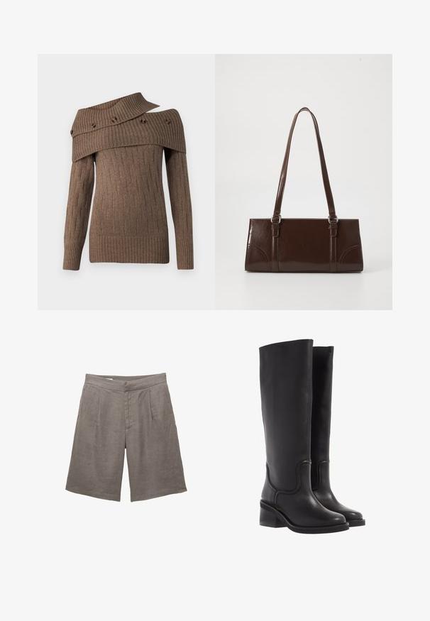 Brun strikket sweater med asymmetrisk design, ribbet struktur og dekorative knapper på den brede krave, med lange ærmer.; Brun T-shirt med lange ærmer, lavet af blødt, strækbart materiale, med rund halsudskæring og en afslappet pasform, der har en glat tekstur og minimal detaljer.; Grå linnedshorts med en afslappet pasform, der har en flad front, to for-pleater og sidelommer. Glat tekstur uden synlige mønstre.; Sorte læder knæ-høje støvler med en glat tekstur, rund tå og en chunky hæl. Har diskret syninger og et strømlinet design.; Brun lakeret håndtaske med rektangulær form, to lange håndtag og subtile buede detaljer på fronten.
