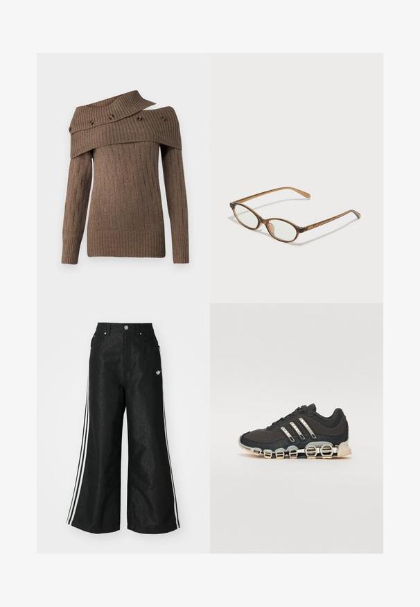 Pulover tricotat de culoare marron, cu un design asimetric, textură ribbată și nasturi decorativi pe gulerul lat, dotat cu mâneci lungi.; Pantaloni din denim negri, cu croi evazat, având trei dungi albastre pe fiecare parte și un mic logo alb. Dispune de buzunare frontale și închidere cu buton.; Pantof cu aspect sport de culoare neagră, cu un superior texturat, trei dungi argintii și o talpă de amortizare distinctivă, ce prezintă multiple secțiuni integrate.; Ochelari în nuanță de țestoasă maro, cu lentile ovale, brațe subțiri și accente transparente. Prezintă un logo subtil pe tâmplă. Design elegant și ușor.