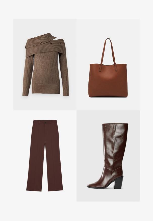 Rudas megztinis su asimetrišku dizainu, grublėta tekstūra ir dekoratyviais mygtukais plačiame apykaklėje, su ilgomis rankovėmis.; Platūs kelnės iš turtingos rudos medžiagos. Savybėse yra mygtukų uždarymas, dvi priekinės kišenės, lygi tekstūra ir švarios linijos.; Aukštas tamsiai rudas odinis botas su smailiu pirštu ir sluoksniuota bloko pakulne, rodomas šoniniu vaizdu ant vientiso fono.; Ruda odinė priekabų krepšys su glotnia tekstūra, atviru viršumi ir dviem petnešomis. Su minimalia siuvimo detalėmis ir nematoma aparatūra.