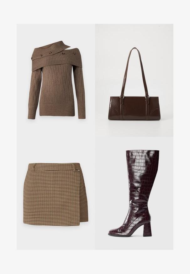 Maglione marrone a maglia con un design asimmetrico, texture a coste e bottoni decorativi sul ampio colletto, con maniche lunghe.; Mini gonna a motivo houndstooth marrone e beige con un leggero dettaglio avvolgente e passanti per cintura su uno sfondo bianco.; Stivale al ginocchio bordeaux scuro con texture coccodrillo e tacco a blocco su uno sfondo bianco, mostrato di lato.; Borsa in pelle verniciata marrone di forma rettangolare, con due manici lunghi e sottili accenti curvi sul davanti.; Orecchini in metallo dorato con forma triangolare liscia e arrotondata e design con chiusura a perno; superficie riflettente con minimalismo nei dettagli.