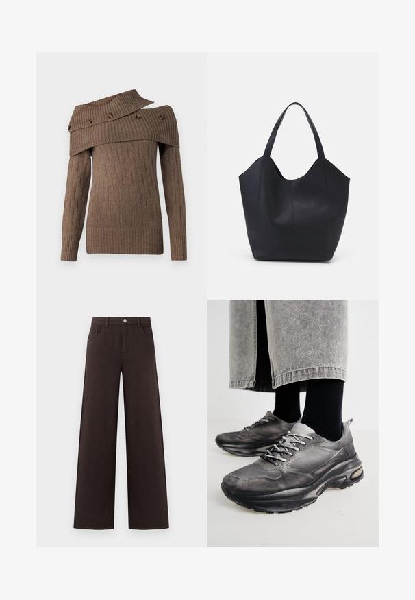 Pull en tricot marron avec un design asymétrique, texture côtelée et boutons décoratifs sur le large col, accompagné de manches longues.; Pantalons larges en tissu coton brun foncé. Dotés d'une fermeture à bouton et de poches avant, avec une texture lisse et des lignes épurées.; Des chaussures de sport noires et grises présentent un dessus en mesh, des semelles épaisses et des lacets. Elles ont un bout arrondi et des détails de rembourrage visibles.; Sac fourre-tout noir en cuir lisse, doté d'un haut ouvert et courbé avec deux brides d'épaule et un design minimaliste.