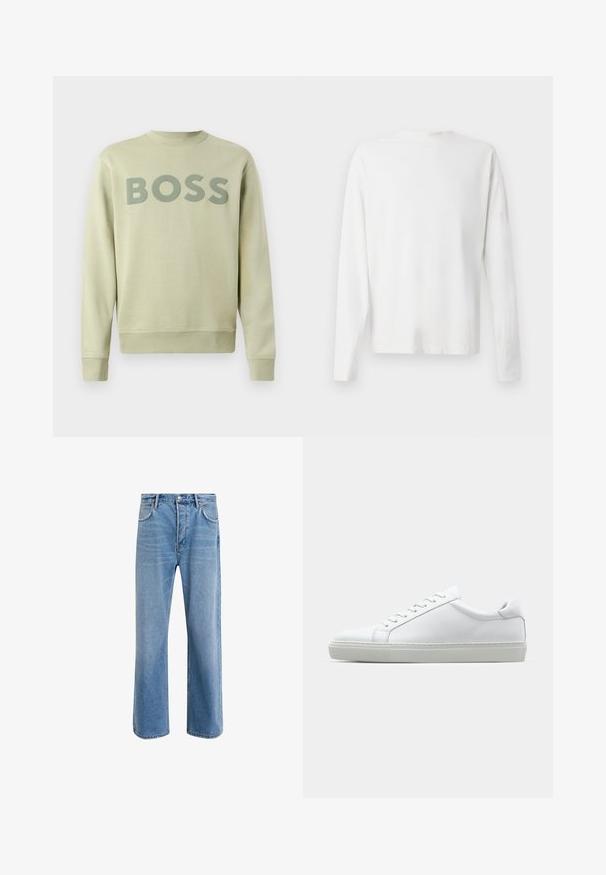 Felpa verde chiaro con scollatura a girocollo, polsini a coste e un grande logo "BOSS" in un verde più scuro sul petto. Texture morbida.; Camicia bianca in cotone a maniche lunghe con scollatura rotonda, spacchi laterali in fondo e una texture liscia, mostrata da dietro.; Jeans in denim blu chiaro con design a gamba dritta, cinque tasche, chiusura con bottone, leggero sbiadimento e dettagli di cucitura a contrasto.; Sneaker bianco con tomaia in pelle liscia e profilo basso. Presenta una punta arrotondata, sei occhielli e una suola in gomma testurizzata.