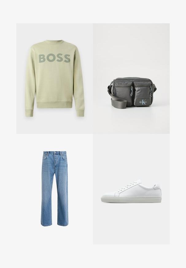 Light green sweatshirt with a crew neckline, ribbed cuffs, and a large "BOSS" logo in a darker green across the chest. Soft texture.; Light blue denim jeans with a straight-leg design, five pockets, button closure, minimal fading, and contrasting stitching details.; White sneaker with a smooth leather upper and a low profile. Features a rounded toe, six eyelets, and a textured rubber sole.; Gray nylon crossbody bag with two zippered front pockets, adjustable strap, and logo accent. Smooth texture with a modern design.