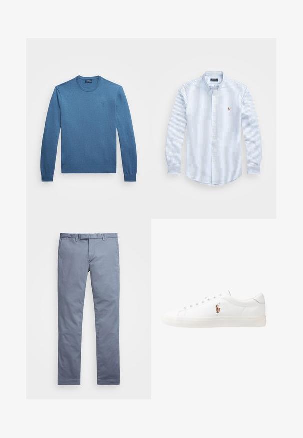 Sweater azul de gola redonda feito de tecido de malha texturizada, com mangas longas e bainha canelada, apresentando um pequeno logo no peito.; Camisa abotoada riscada em azul claro e branco com gola, mangas longas e um pequeno logótipo bordado no peito. Material de algodão.; Chinos de algodão azul claro com um corte slim, pernas retas, passantes para cinto e fecho de zip. Apresenta costuras subtis e sem padrões visíveis.; Sapatilhas de couro brancas, design de cano baixo, com textura suave, biqueira redonda, atacadores à frente e um pequeno logótipo bordado na lateral.