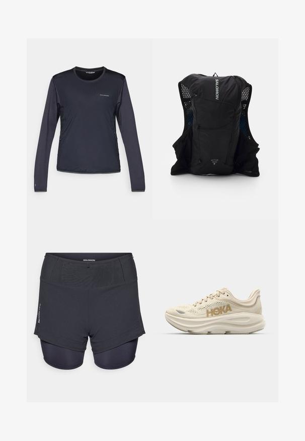 Langarm schwarzes Salomon Sportshirt mit Rundhalsausschnitt und sichtbaren seitlichen Reißverschlusstaschen auf einem weißen Hintergrund.; Dunkelgraue Sportshorts mit einem inneren enganliegenden Futter, ausgestattet mit einer strukturierten Oberfläche und dem "Salomon"-Logo an der Seite.; Helle beige Laufschuhe mit Obermaterial aus Mesh, gepolstertem Kragen, hervorgehobenem "HOKA"-Logo in Gold und dicker, gepolsterter Sohle für Komfort.; Schwarzes Laufweste mit Mesh-Seitentaschen, reflektierenden Akzenten und einer Reißverschlusstasche vorne. Leichter Stoff, der für Komfort und Atmungsaktivität konzipiert ist.