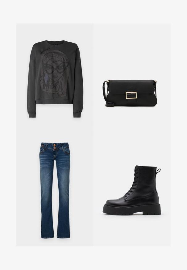 Svart sweatshirt med långa ärmar, med en stor grafisk design av ett ansikte med glasögon och fransade kanter. Ribbad mudd och halsringning.; Mörkblå bootcut-jeans med två framknappar, fem fickor och subtil blekning på låren och knäna.; Svarta läderankelboots med rund tå, snörning framtill och en tjock gummisula med strukturerat mönster. Dragflik bak.; Svart läderkuvertväska med en klaff och detalj i guldmetallspänne. Innehåller en svart rem och en elegant, minimalistisk design.