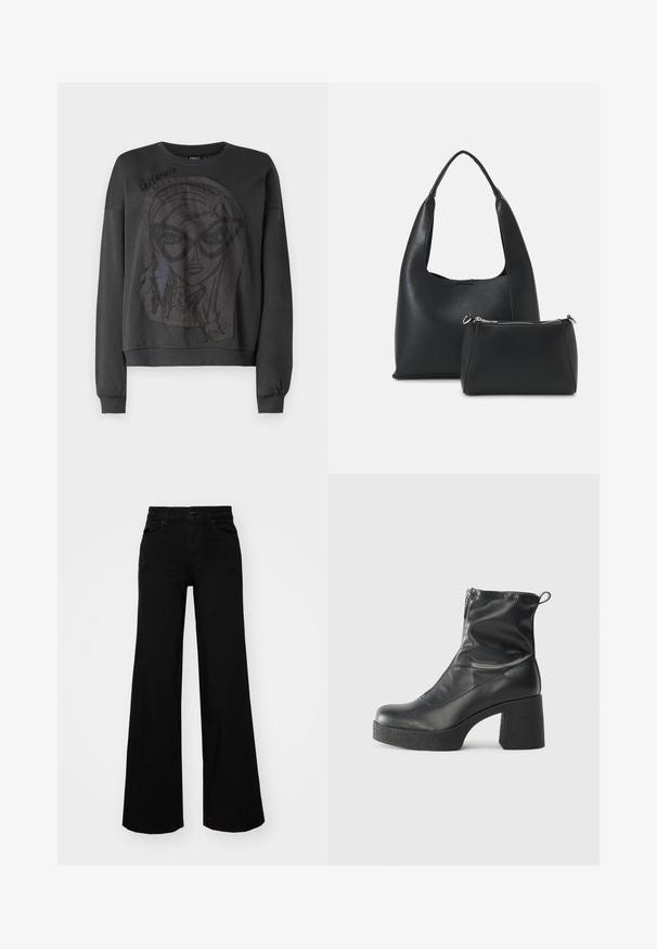 Sudadera negra de manga larga, con un gran diseño gráfico de una cara con gafas y bordes deshilachados. Puños y cuello acanalados.; Pantalones de mezclilla de pierna ancha y color negro, con una cinturilla estructurada, pasadores para cinturón y bolsillos frontales. Textura suave con un diseño clásico.; Botines negros de tobillo, hechos de cuero suave, con cierre lateral, tacón grueso texturizado y diseño de punta redondeada.; Even&Odd Bolso de mano - black