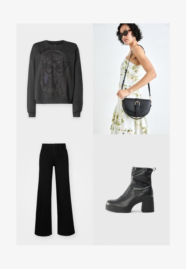 Fekete pulóver hosszú ujjakkal, nagy grafikai mintával egy szemüveges arcról, amelynek szélén rojtos rész található. Bordás mandzsetta és nyak. ; Fekete, bő szárú farmernadrág, amelynek állítható derékrésze van, övhurkokkal és elülső zsebekkel. Simaság jellemzi, klasszikus dizájnnal.; Fekete bokacsizmák sima bőrből, oldalsó cipzárral, vastag, texturált sarkú és lekerekített orrú dizájnnal.; Fekete bőrtáska ívelt formával, levehető pánttal és arany színű fémrészekkel. A táskán egy csattal díszített fedél található.