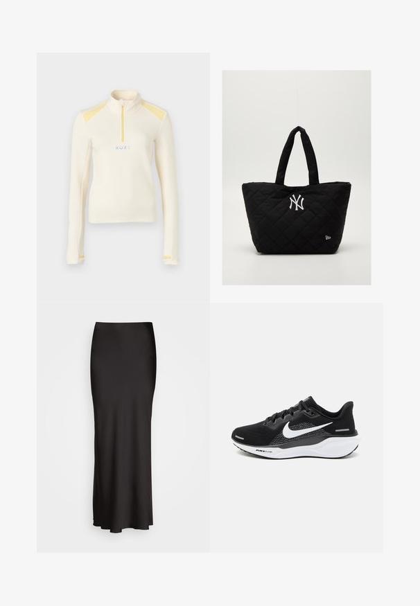 White long-sleeve pullover with a high collar, yellow accents on the shoulders, and small zipper. Features the "ROXY" logo in blue.; Black, floor-length satin skirt with a smooth texture, fitted waistband, and A-line silhouette, featuring no visible embellishments or patterns.; Black athletic shoe featuring a mesh upper, a white Nike swoosh, and a white cushioned sole with textured details.; Quilted black tote bag with double handles, featuring a white New York Yankees logo and a small brand emblem on the side.