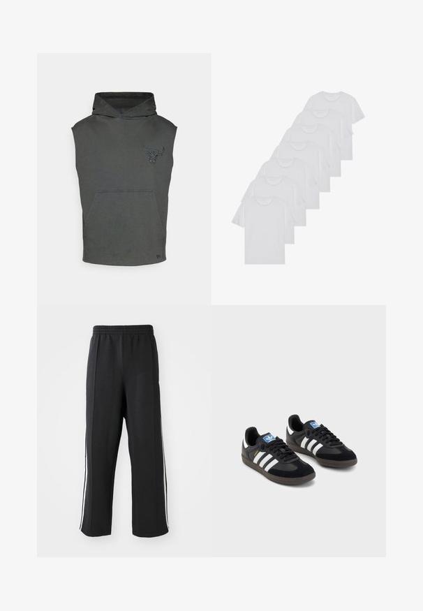 Siva majica bez rukava s prednjim džepom, koja ima teksturiranu grafiku bika na prsima i kapuljaču s vezicama.; Bijele pamučne majice, kratki rukavi, dizajn s okruglim izrezom, jednostavne teksture, složene u red, s suptilnim brendiranjem na izrezu.; Crne trenirke s elastičnim pojasom, s bijelim bočnim prugama i opuštenim krojem. Izrađene od mekog, rastezljivog materijala.; Crne tenisice s gornjim dijelom od antilopa i sintetičkog materijala, s tri bijele pruge, teksturiranom gumenom potplatom i plavom oznakom na jeziku.
