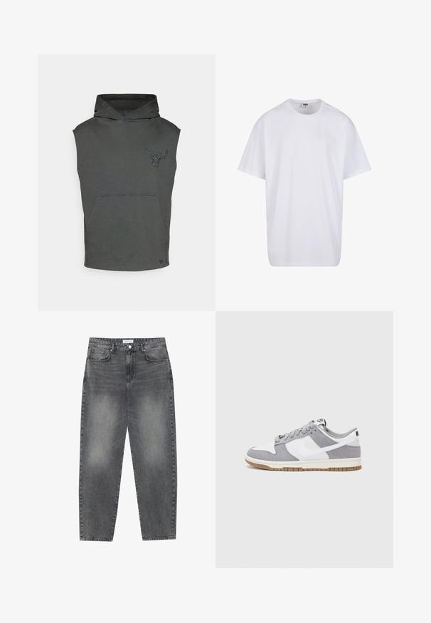 Grå ermeløs hettegensere med frontlomme, med et teksturert grafikk av en okse på brystet og snorhette.; Hvit bomull t-skjorte med korte ermer, rund utringning, avslappet passform, og ingen synlige logoer eller mønstre. Glatt tekstur og minimalistisk design.; Høyt liv, løstsittende jeans i falmet svart denim. Har fem lommer, beltehemper og et rent, rett ben-design.; Grå og hvite sneakers med overdel i semsket skinn og lær, rund tå, flate lisser, og gummisåle med gummibelegg.