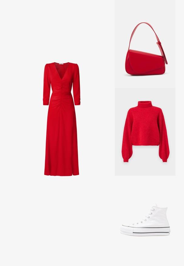 Sarkans, ribots adīts džemperis ar augstu apkakli, par lielu izmēru piedurknēm un īsu apakšmalu. Izgatavots no mīksta dzijas, ar tekstūras apdari.; Sarkana kleita ar V veida kakla izgriezumu, trīs ceturtdaļu piedurknēm un ruched detaļām viduklī un mugurā. Audums izskatās gluds un viegls.; Balti augstie kanvas sporta apavi ar melnu gumijas zoli, priekšējo gumijas purngalu un sešām acīm lencēm, kuriem ir tīrs, minimālistisks dizains.; Sarkans ādas rokassomi ar stūrainu, ģeometrisku dizainu. Iekļauj vienu regulējamu siksnu un vāku ar izšūtu detaļu.