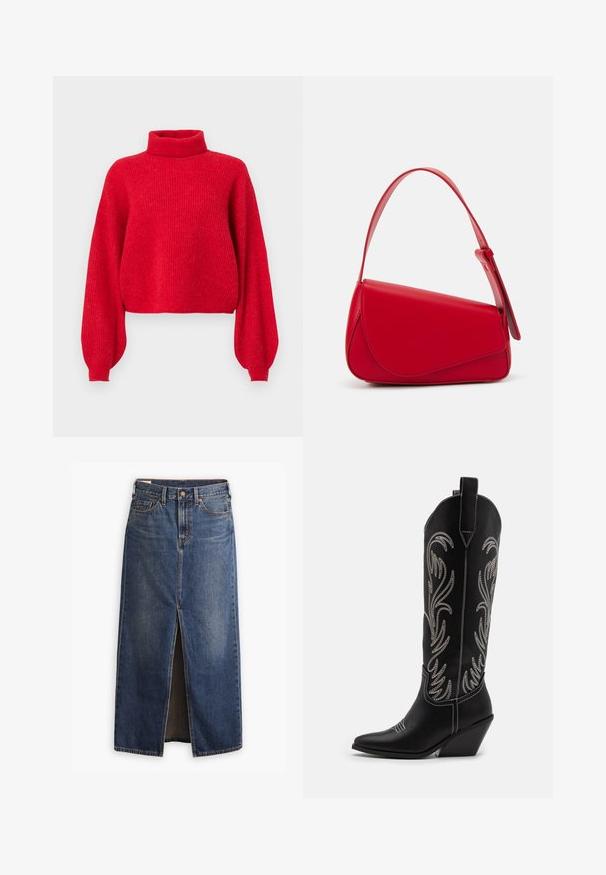 Punainen, kammattu neulepaita, jossa on korkea kaulus, suurikokoiset hihat ja lyhennetty helma. Valmistettu pehmeästä langasta, jossa on teksturoitu pinta.; Levi's® ANKLE COLUMN SKIRT - Maksihame - wave hello; Mustat nahkasaappaat cowboy-tyyliin, joissa on terävät varpaat, viistot korot ja hopeiset brodeeratut kukkakuviot varressa. Eroava ompelu koko saappaassa.; Punainen nahkalaukku, jossa on kulmikas, geometrinen muotoilu. Varustettu yhdellä säädettävällä hihnalla ja läpällä, jossa on ommeltu yksityiskohtia.
