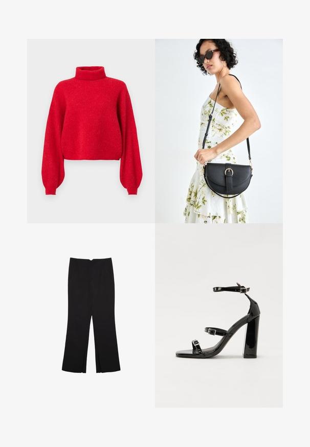 Rdeča, rebrasta pletena majica z visokim ovratnikom, oversized rokavi in skrajšanim spodnjim delom. Narejena iz mehke preje, s teksturirano površino.; Črne hlače ravnega kroja z naglavnimi žepi in stranskimi razporki na robu. Narejene iz mehke, gladke tkanine. Primerne za različne priložnosti.; Črne lakirane sandale s peto, kvadratnim prstom, trakovi okrog gležnja in srebrnimi zaponkami. Opremljene so s stabilno Debelo peto.; Črna usnjena torbica s ukrivljeno obliko, z odstranljivo naramnico in zlatimi dodatki. Torbica ima pokrov s podrobnostmi v obliki zaponke.
