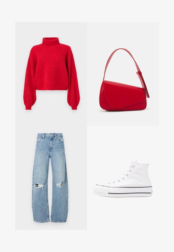 Rød, ribbestrikket genser med høy krage, oversized ermer og cropped hem. Laget av mykt garn med en teksturert finish.; Lyseblå høytlivsjeans laget av denim. Har vide bein, to revne knær og klassisk fem-lommers design.; Hvit høy-skinn kanvas sneakers med svart gummisåle, gummitåhette foran og seks hull for snorer, med et rent, minimalistisk design.; Rød lærveske med en vinklet, geometrisk design. Har en enkelt justerbar stropp og en klaffelukking med sydd detaljer.
